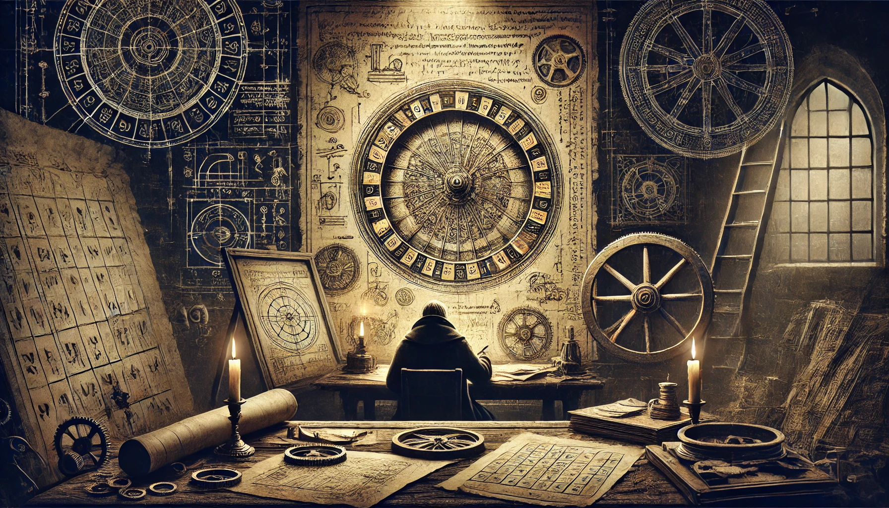 A mysterious illustration in the style of the Da Vinci Code showing an enigmatic inventor working on the first roulette wheel - batumicasinoguide.com