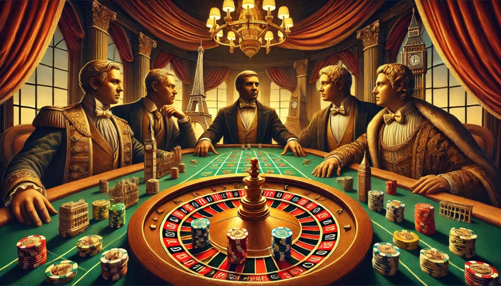 A conceptual illustration of three symbolic historical figures playing roulette - batumicasinoguide.com